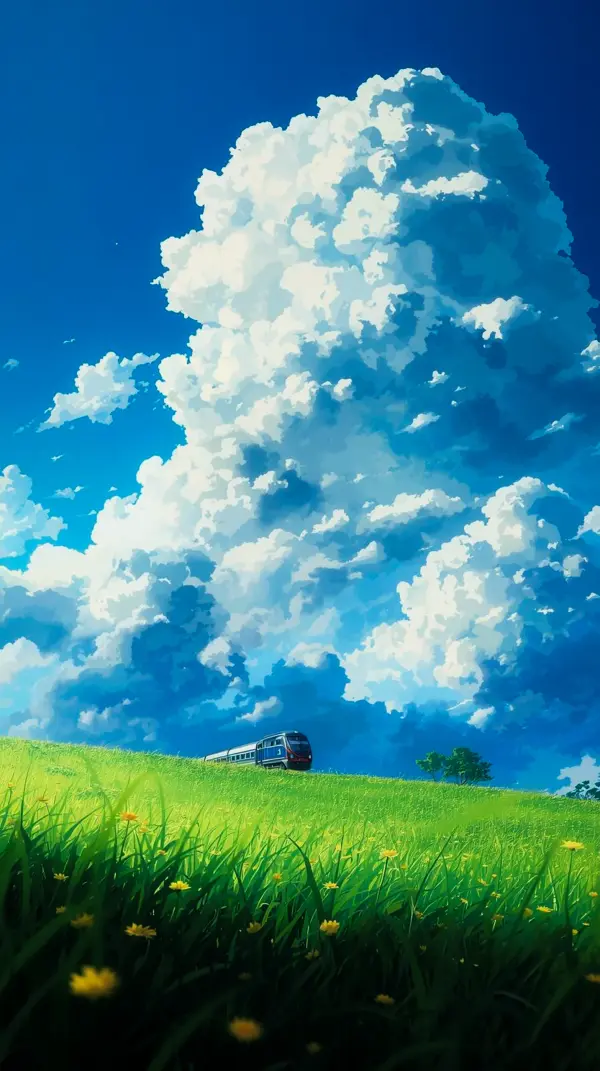 Anime scenery — train traveling on grassy hill
