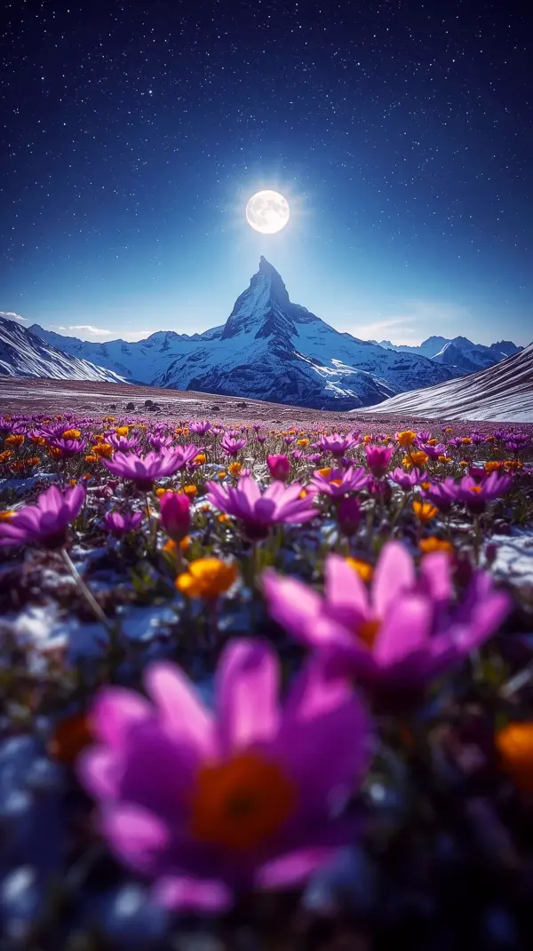 Stunning 4k wallpaper for mobile featuring a moonlit mountain peak and purple flowers. This cute 4k wallpaper for iphone is perfect as an iphone wallpaper 4k or 4k iphone background for your phone.