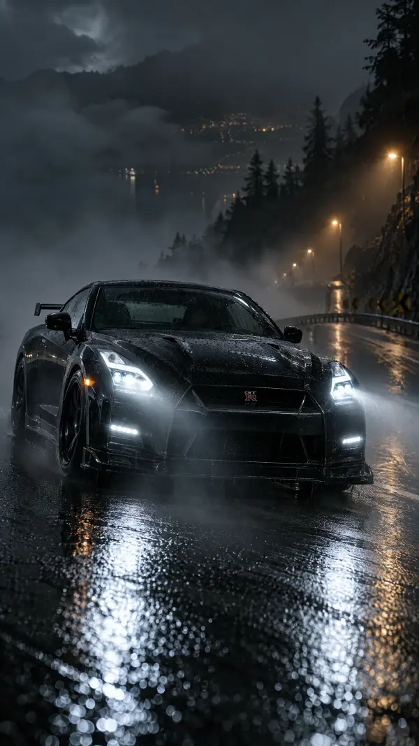 Black Nissan GT-R R35 on a rainy mountain road at night