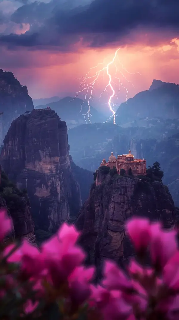 Dramatic Lightning Strike over Meteora Monasteries - Stunning 4K iPhone Wallpaper for Mobile Phones. A beautiful and cute 4K background for your iPhone, perfect for a powerful lock screen.