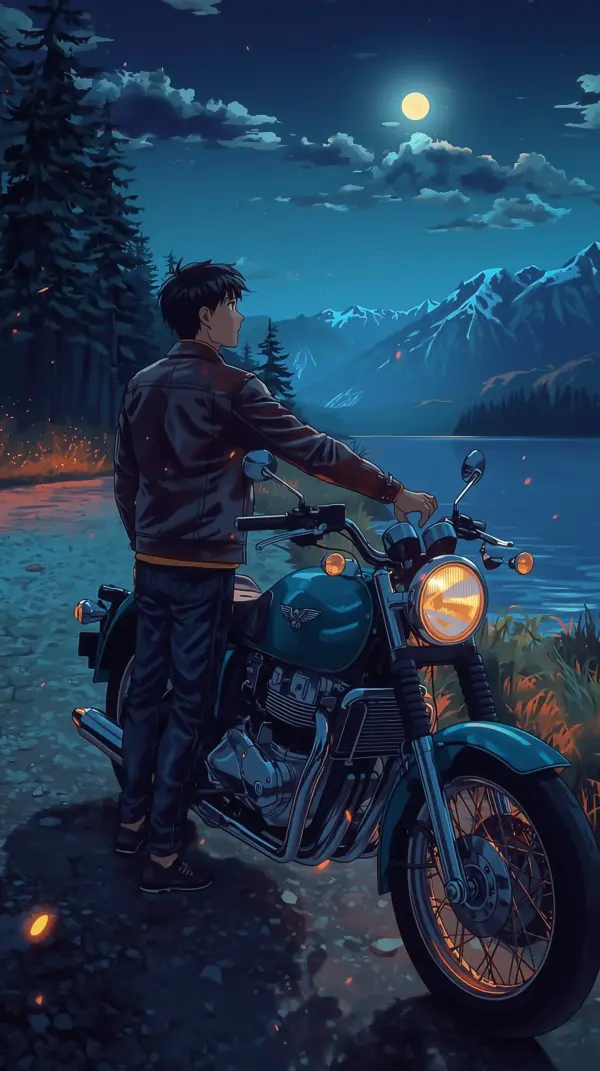 Anime phone wallpaper — blue moonlit motorcycle