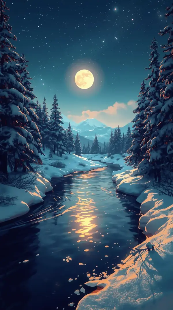 Wallpaper anime nature — moonlit winter river