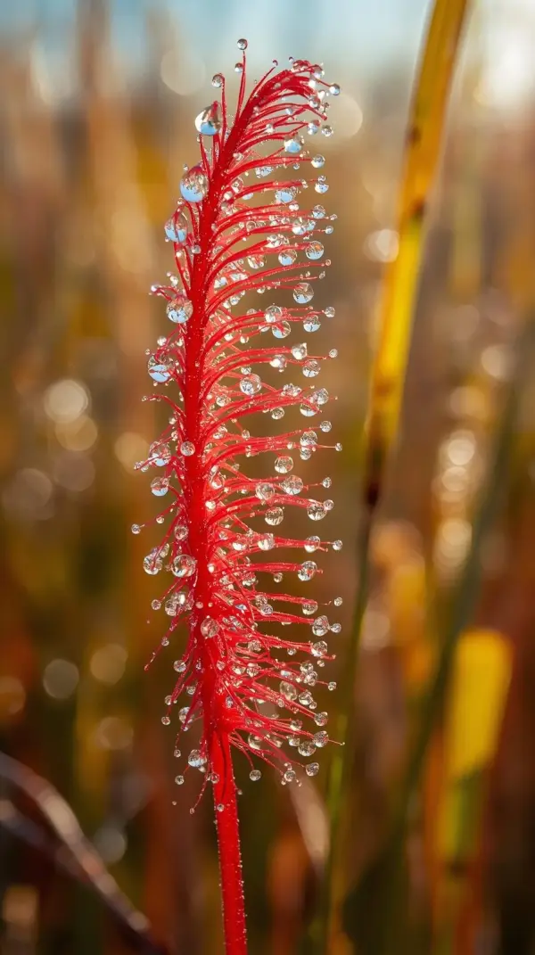 Macro photography of a red plant leaf covered in glistening water droplets against a blurred golden background.