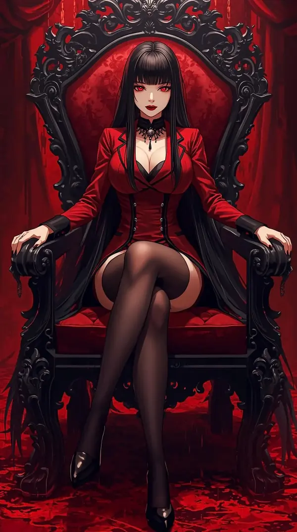 4k wallpaper for mobile Elegant Dark Gothic Woman in Red Blazer Sitting on Throne Red Eyes Bangs Black Hair Luxurious Red Curtain Background