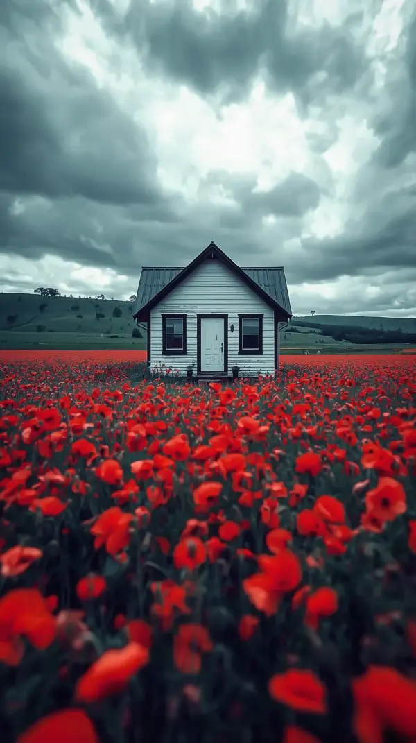 Nature Wallpaper 4K — Small House in Red Poppy Field