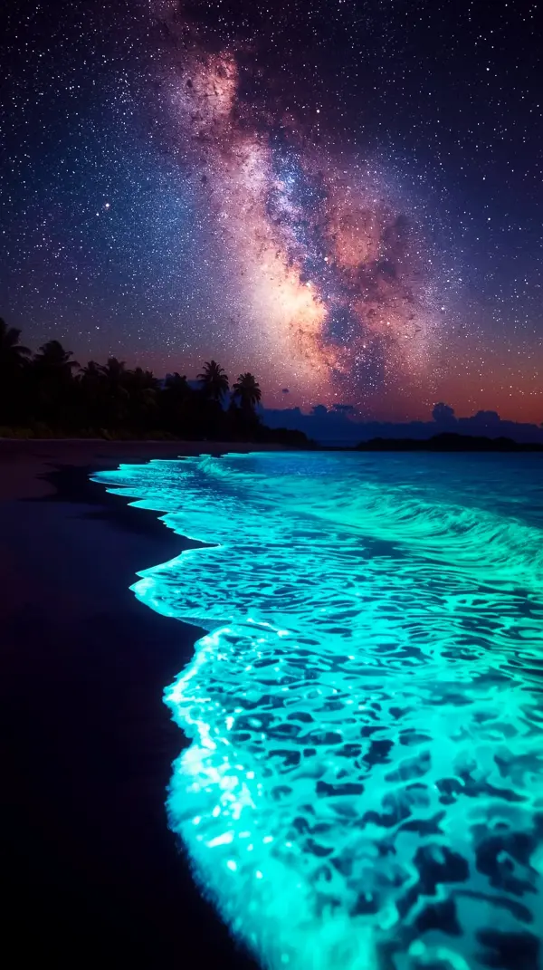 Anime scenery — glowing turquoise coast stars