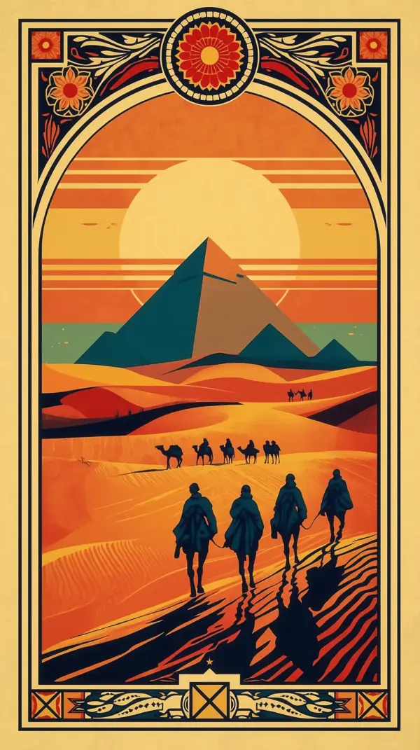Desert Caravan Wallpaper 4K — Pyramids Sunset Journey