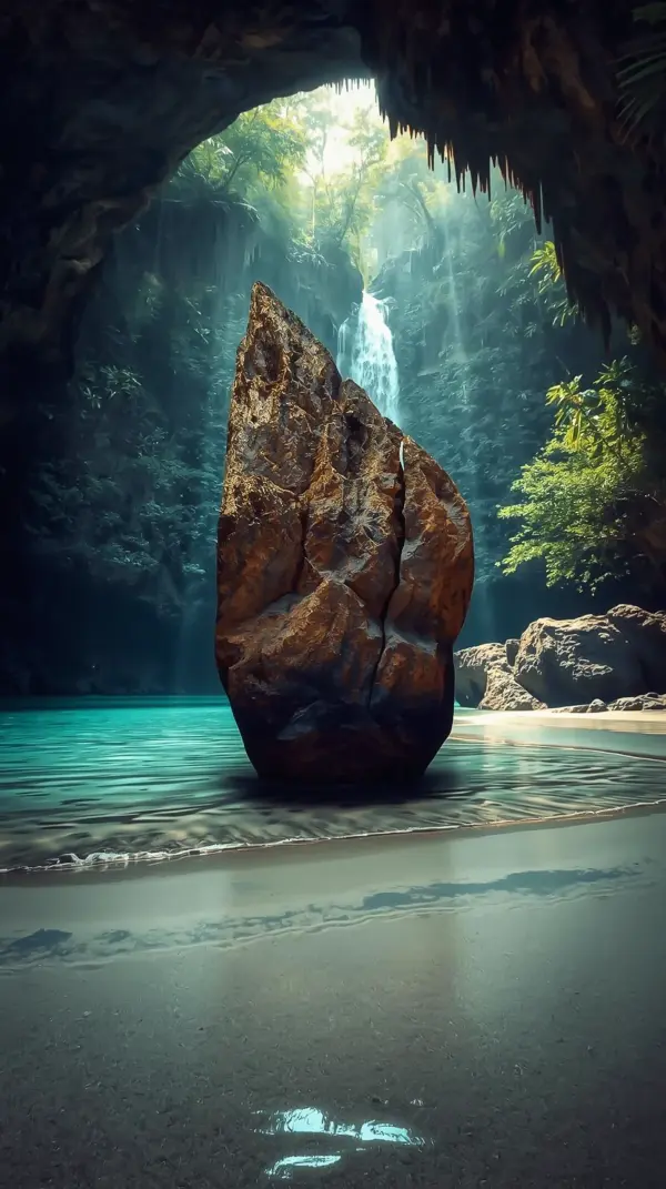 Anime scenery — giant cavern waterfall monolith