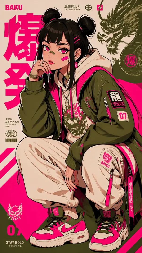 Anime background phone — streetwear girl crouching