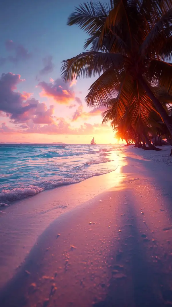 Stunning 4K iPhone Wallpaper: Serene Beach Sunset with Palm Trees - 4K Wallpaper for Mobile, Wallpaper for Phone, Cute 4K Wallpaper for iPhone, 4K Backgrounds iPhone, 4K iPhone Background