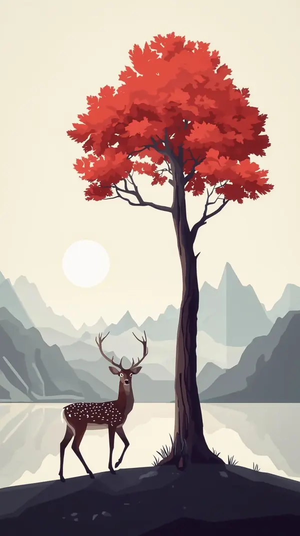 Deer Wallpaper for Phone — Red Tree Mountain Landscape