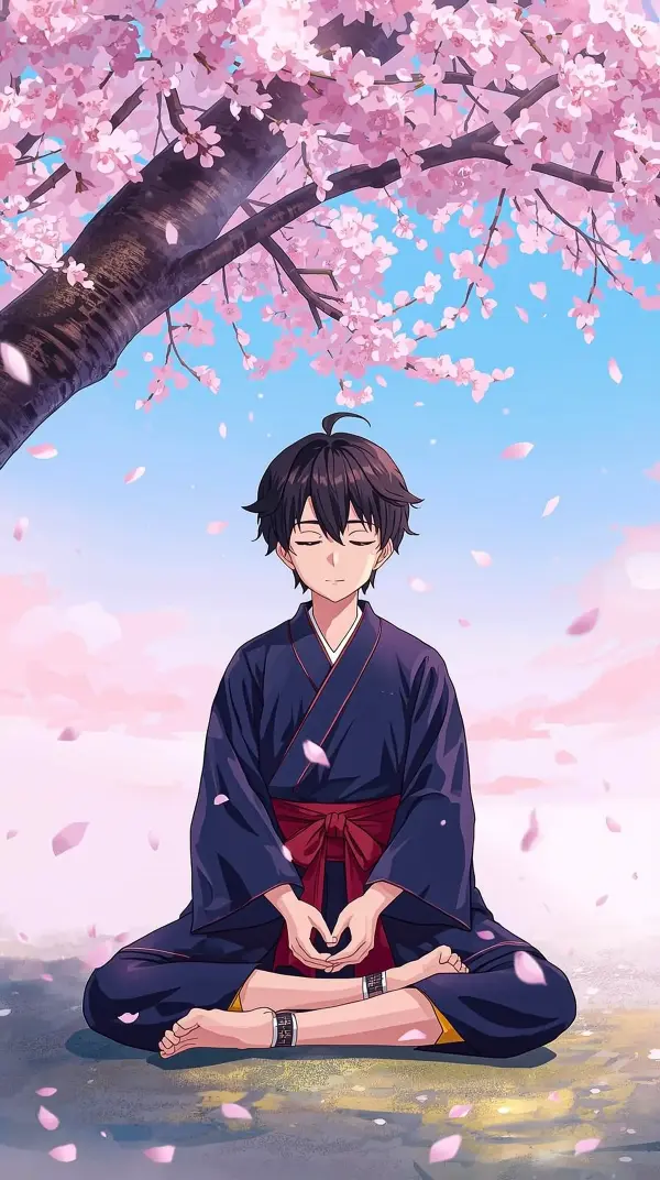 4k wallpaper for mobile Calm Young Samurai in Kimono Lotus Hands Pose Beneath Blooming Sakura Tree Soft Pink Petals Gentle Breeze Atmosphere