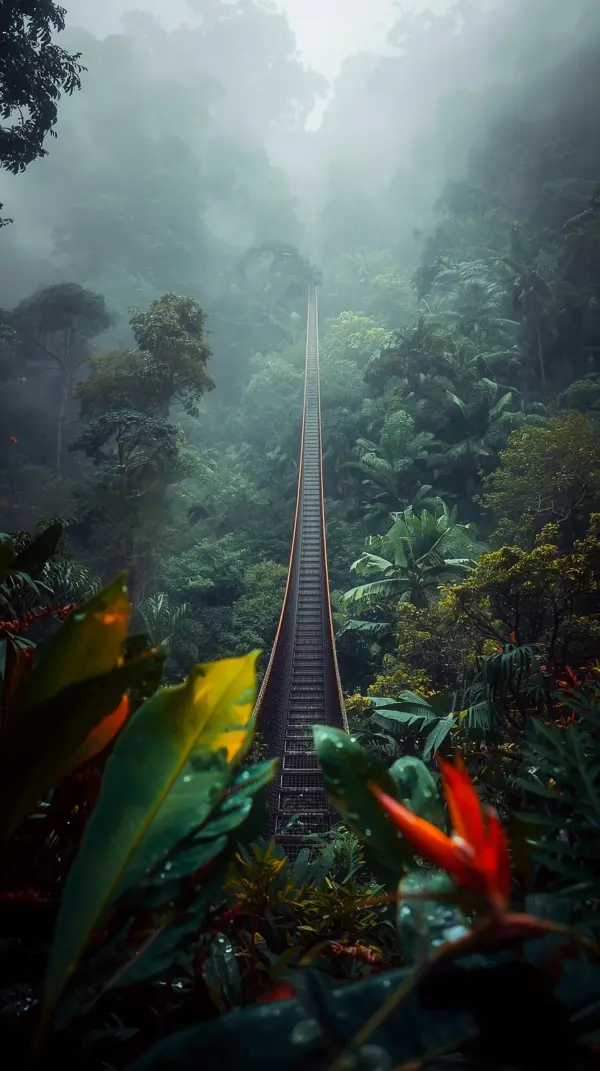 Misty Jungle Bridge iPhone Wallpaper 4k - Stunning 4k Wallpaper for Mobile and Wallpaper for Phone. Get this Cute 4k Wallpaper for iPhone and 4k Backgrounds iPhone 4k iPhone Background for a serene look.