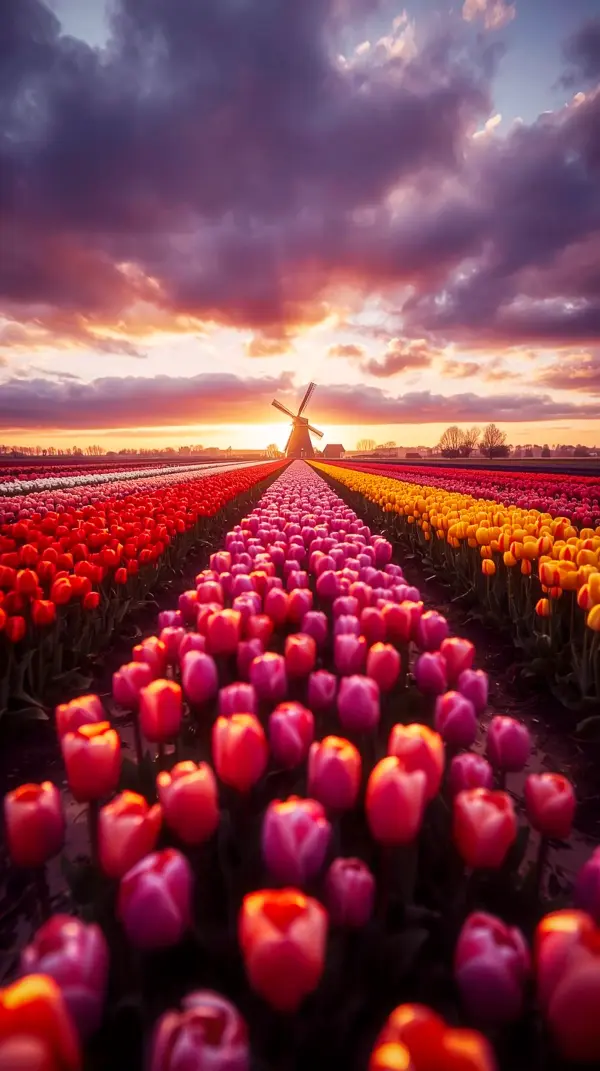 Stunning Tulip Field Sunset 4K iPhone Wallpaper for Mobile - A cute 4K background for your phone, perfect as an iPhone 4K wallpaper. This vibrant scene offers beautiful 4K backgrounds for iPhone, making it an ideal 4K wallpaper for mobile.