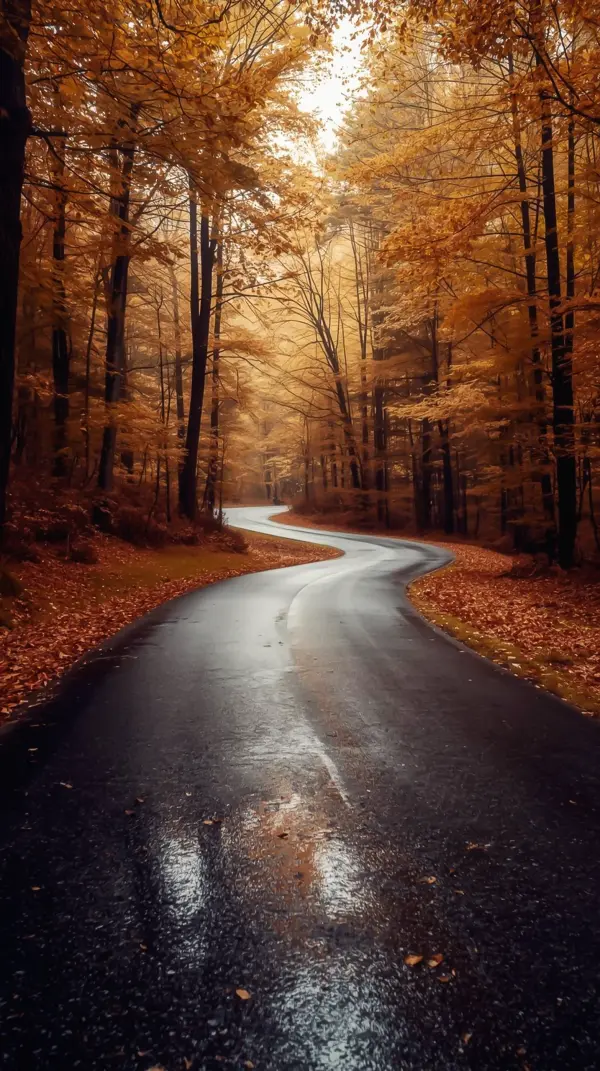 Woods roadway with a curve, autumn leaf cover