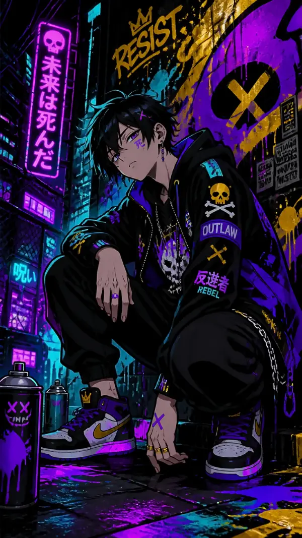 Anime background phone — crouching cyberpunk outlaw