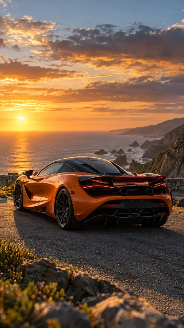 Orange McLaren Supercar Parked on Coastal Cliff Road at Sunset