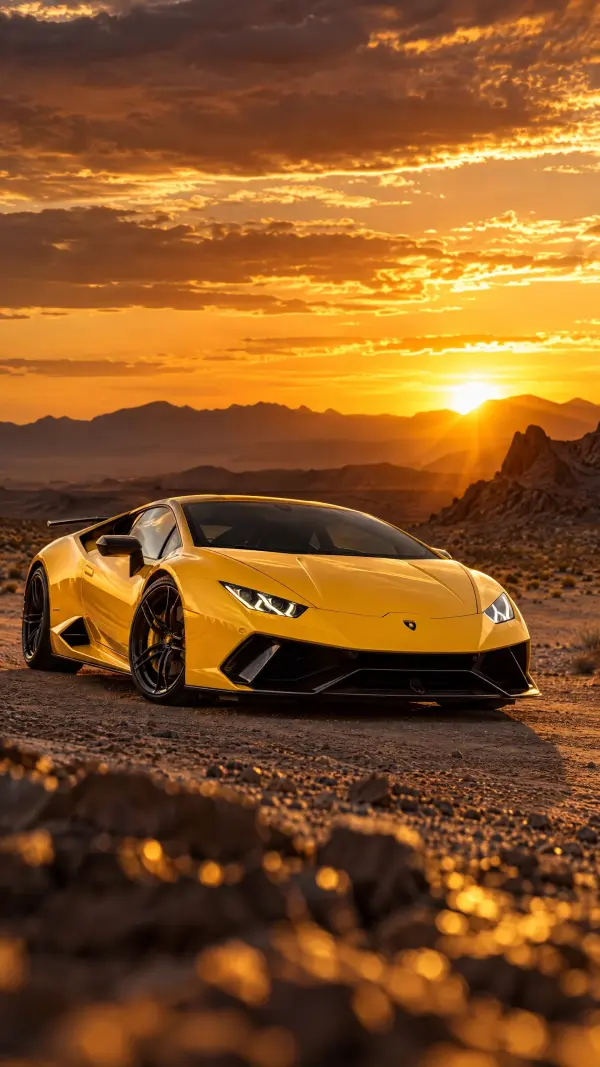 Vibrant Yellow Lamborghini Supercar Parked in Desert at Sunset