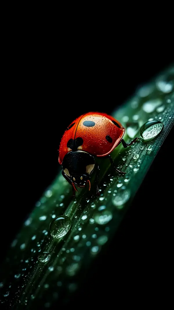 Stunning Ladybug on Leaf with Water Drops AMOLED Wallpaper 4K for Mobile