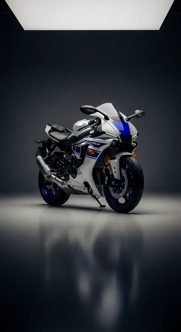 Sportbike 4k wallpaper for iphone featuring a white and blue Yamaha R1M. Perfect phone wallpaper and iphone wallpaper 4k for bike lovers. High-quality 4k wallpaper for mobile and 4k backgrounds iphone. Wallpaper for phone cute style.