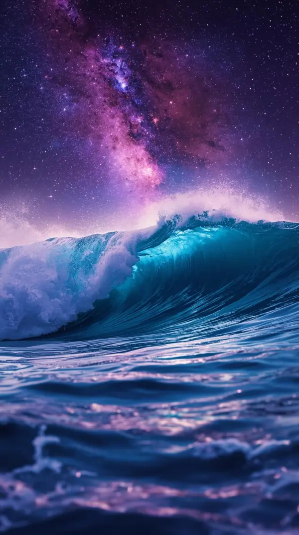 4k wallpaper for mobile Epic Milky Way Wave Curling in Deep Blue Ocean with Purple Galaxy Sky Sparkling Stars and Neon Glow