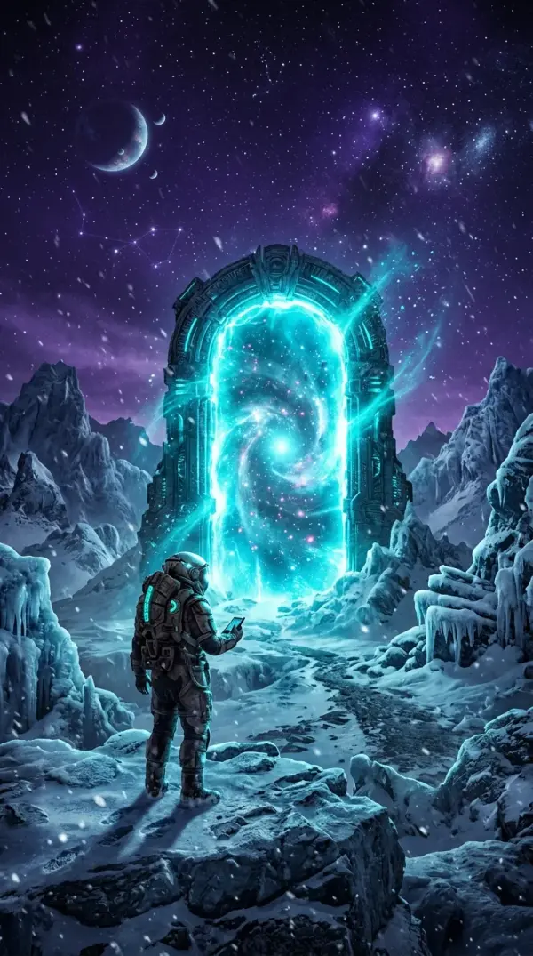 Astronaut Discovers a Luminous Cosmic Portal in a Frozen Alien Landscape