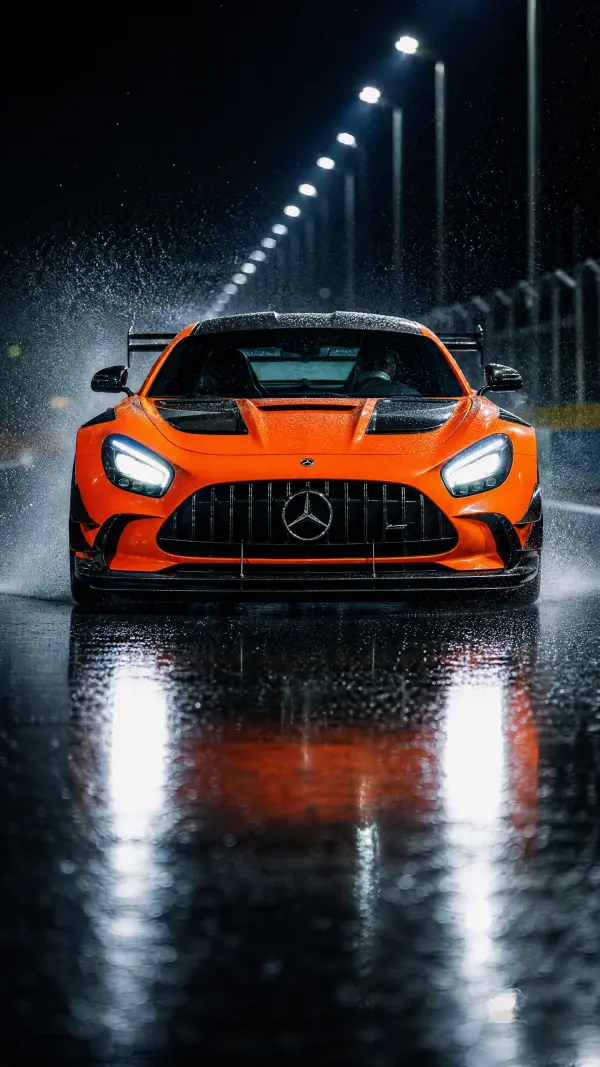 Orange Mercedes-AMG GT Black Series Splashing on Rainy Track at Night