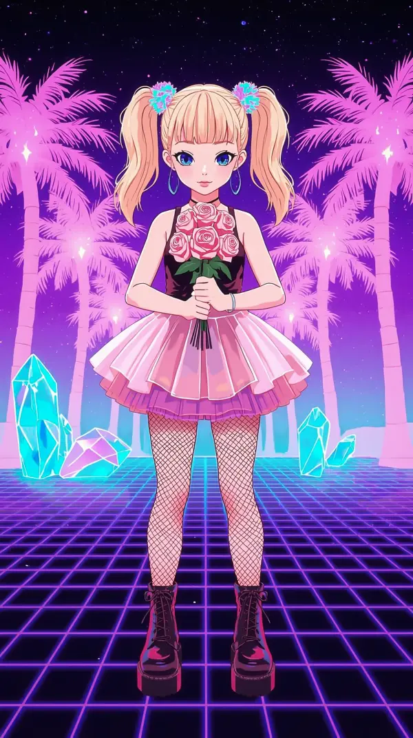 Cartoon Girl — Blonde Hair, Pink Skirt, Laser Floor