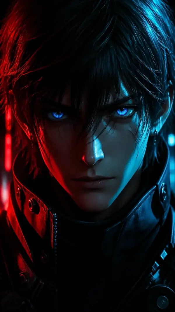Wallpaper anime black — intense glowing blue eyes