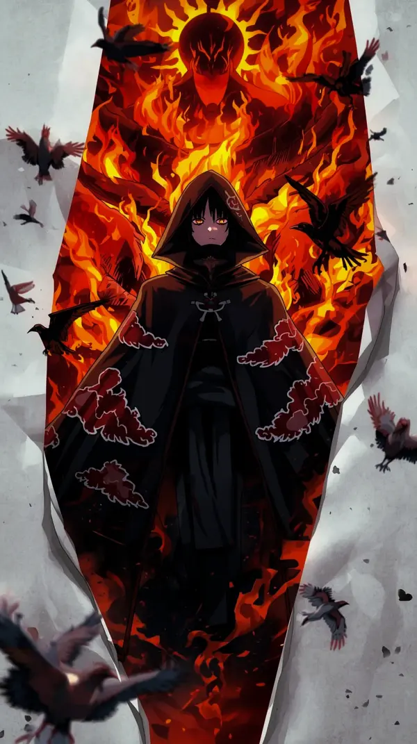 Wallpaper dark anime — hooded figure fire crows