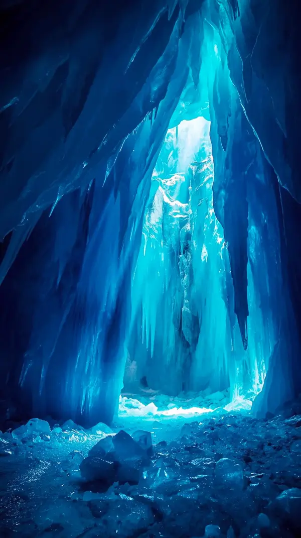 Anime scenery — glowing electric blue glacial cavern