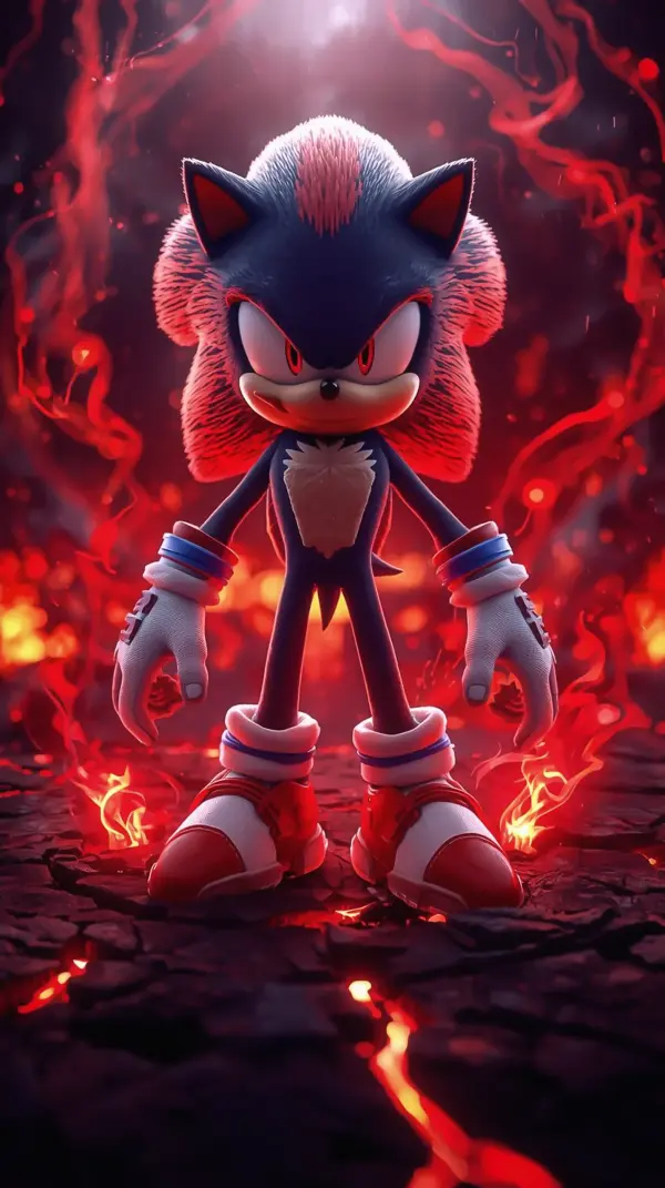 dark black hedgehog character with glowing red eyes standing on cracked lava ground with red aura