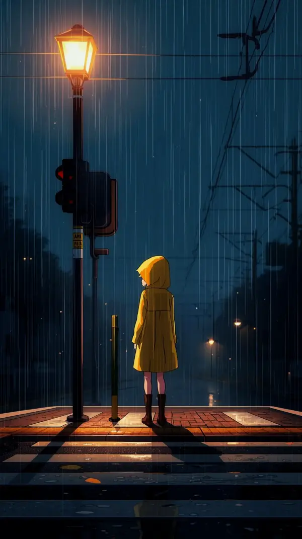 Moody Rain Girl in Yellow Raincoat Wallpaper for iPhone – 4K