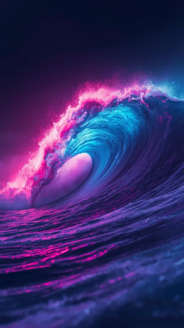 a powerful ocean wave curling with glowing neon pink and deep blue colors