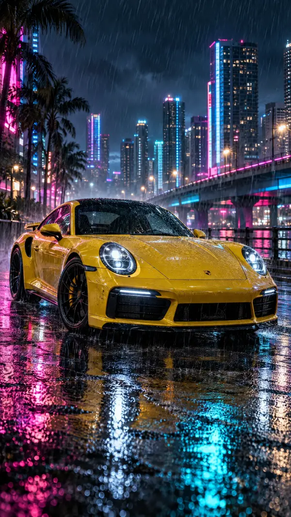 Yellow Porsche 911 in rainy cyberpunk city