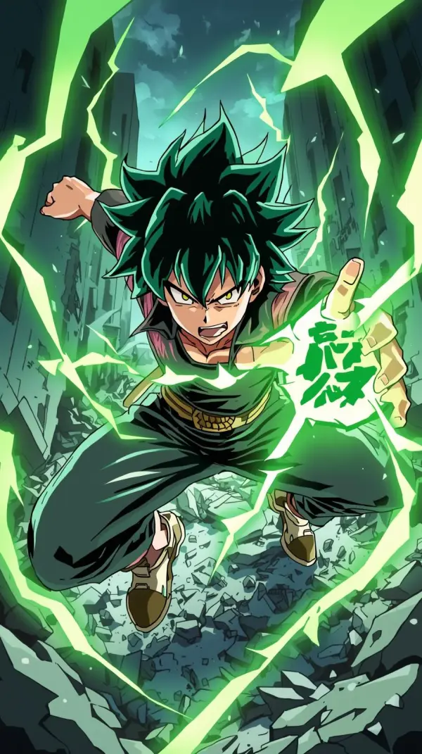iphone wallpaper 4k – High-action anime illustration of a hero with green hair unleashing electric lightning energy while descending into a crumbling urban city background.