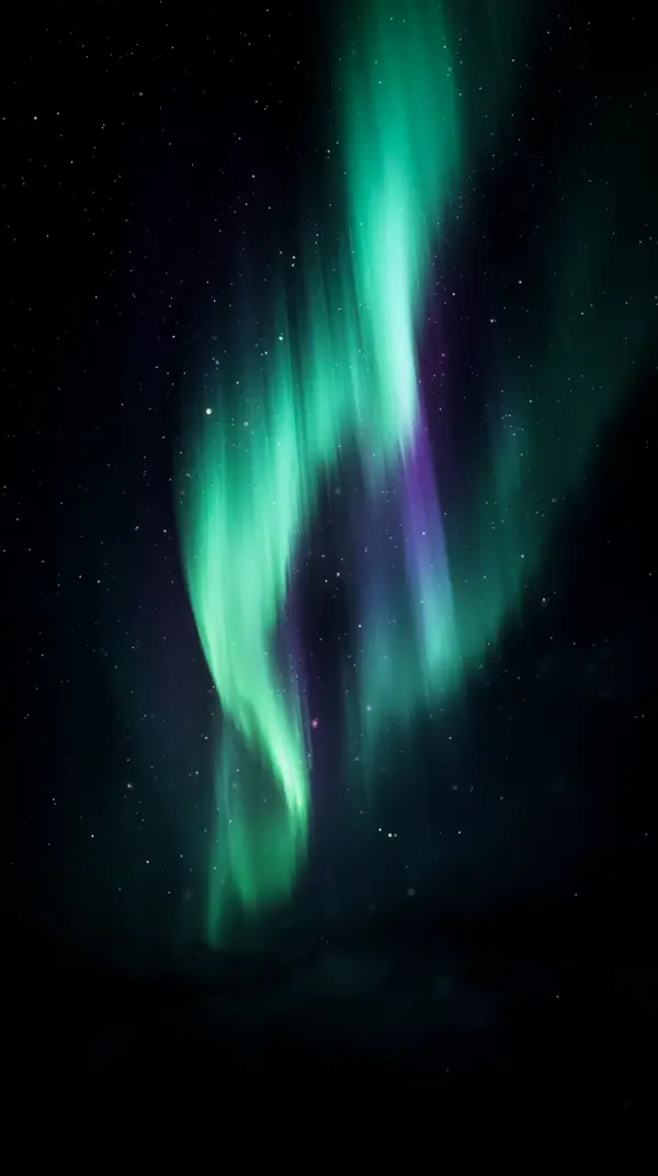 Stunning Northern Lights AMOLED Wallpaper 4K for Mobile: Vibrant Green and Purple Aurora Borealis Against a Starry Night Sky, Perfect for Your Phone's Lock Screen.