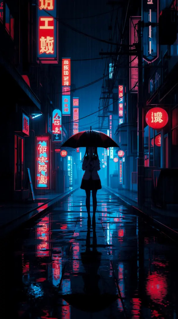 Moody Anime Girl Rainy Neon Street Wallpaper for iPhone 4K