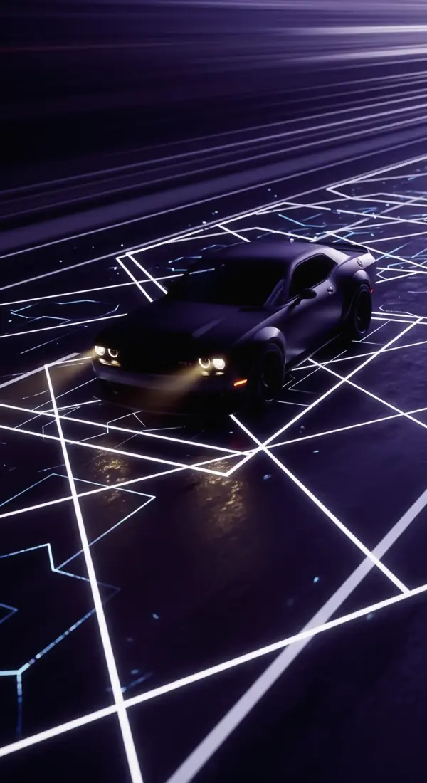 Neon Muscle Car iPhone Wallpaper - Stunning Car Wallpaper 4k for Mobile and Car Wallpaper4k for Mobile featuring a Dodge Challenger in a futuristic synthwave setting.
