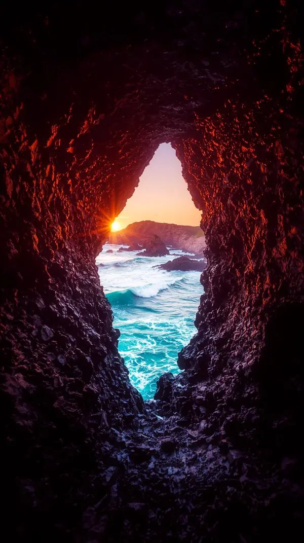 A breathtaking view of a golden sunset over the ocean framed by the dark, rocky interior of a sea cave in 4K resolution.