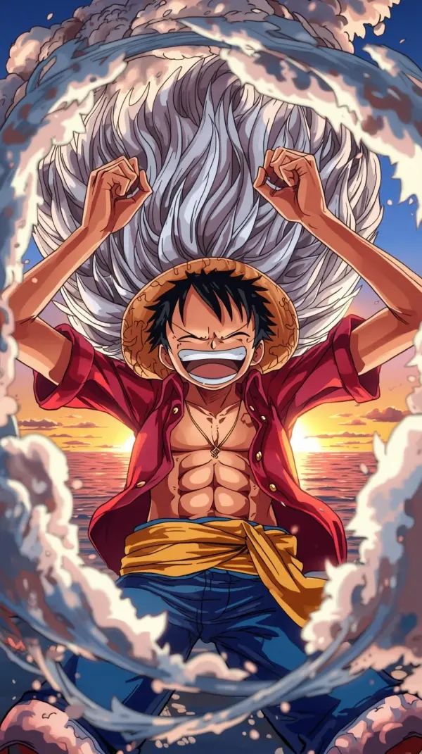mbl wallpapers – Joyful anime captain with massive white flowing hair celebrating on a pirate ship against a vibrant sunset ocean and golden cloud 