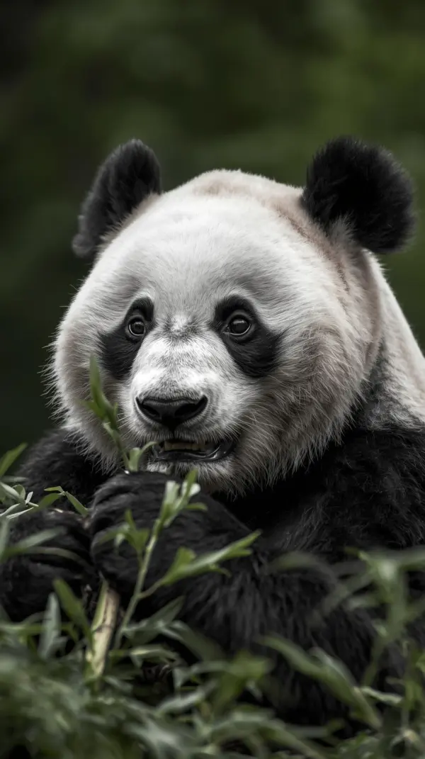 Close-up of a gentle panda eating bamboo in a lush forest.