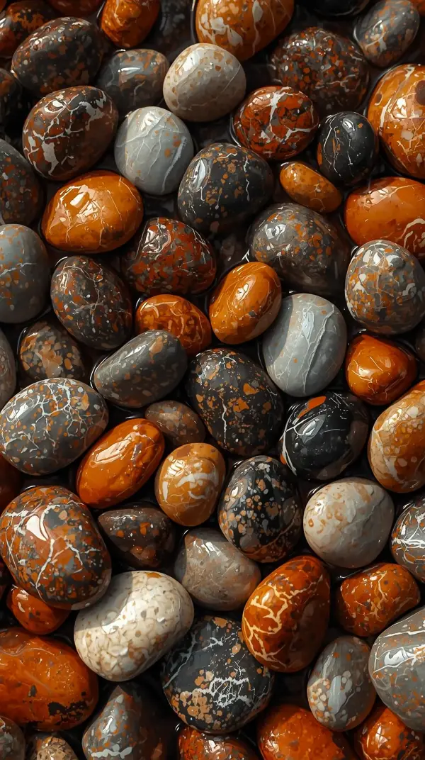 4k wallpaper for mobile Polished Leopard Skin Jasper Pebbles, Vibrant Orange Brown Gemstones with White Veins and Glossy Wet Shine Macro