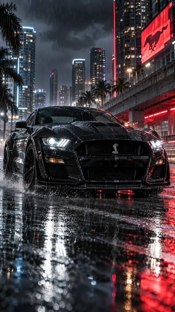 Black Ford Mustang Shelby GT500 Splashing on Wet City Street
