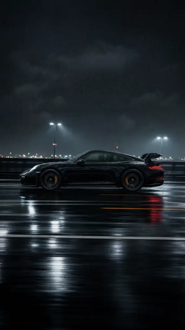 Black sports coupe on wet highway at night