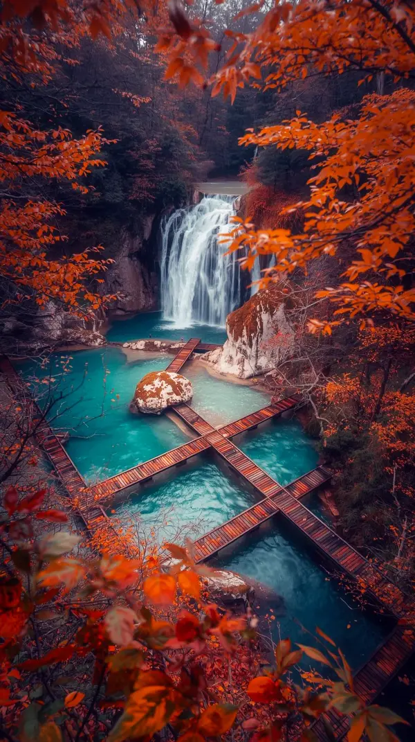 Autumn Waterfall & Turquoise Pools: Stunning iphone wallpaper 4k, 4k wallpaper for mobile, and cute 4k wallpaper for iphone. Perfect 4k backgrounds iphone and 4k iphone background for your phone wallpaper.
