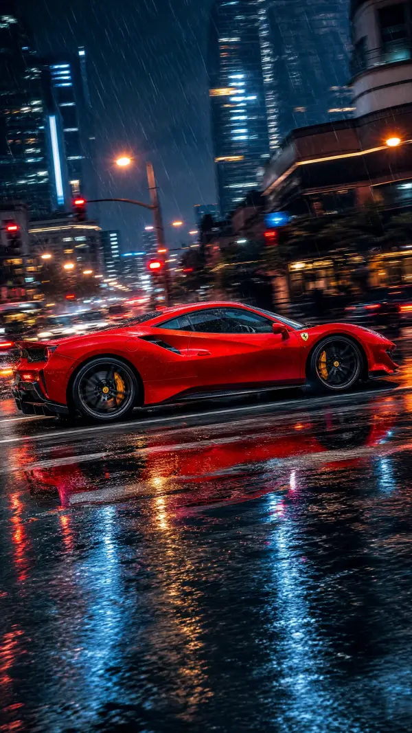 Red Ferrari driving on a wet city street at night