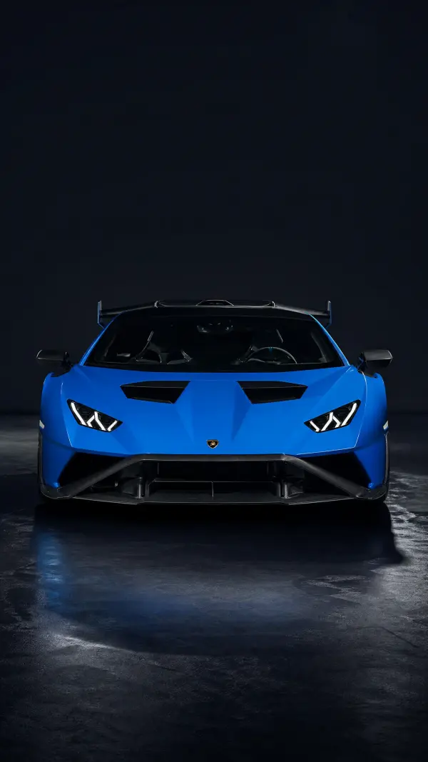 Vibrant Blue Lamborghini Supercar Front View in Dark Studio Setting