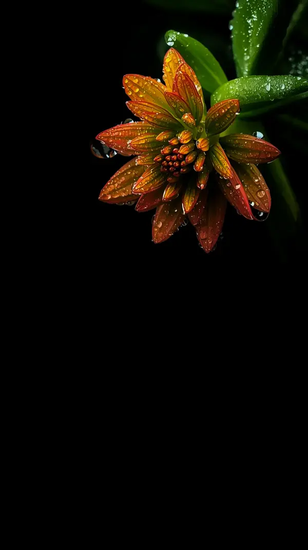 vibrant orange and red succulent flower with water drops on green leaves against a black background