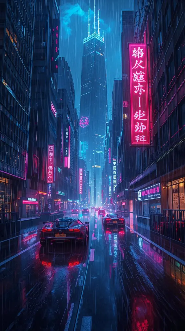4k wallpaper for mobile Futuristic Cyberpunk City Street in Heavy Rain with Vibrant Neon Signs Glowing Reflections